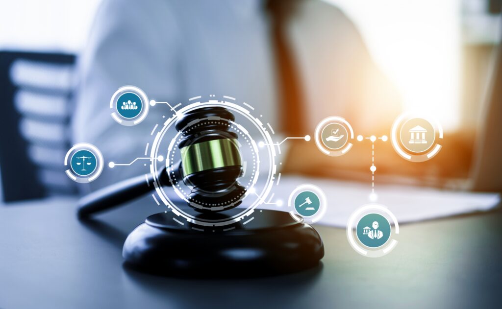 Smart law, legal advice icons and astute lawyer working tools in lawyers office